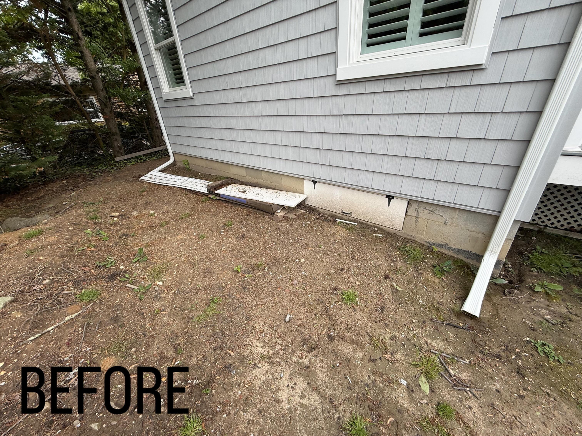 Before: bare dirt side yard with overgrown edges before the TrueLine property renovation