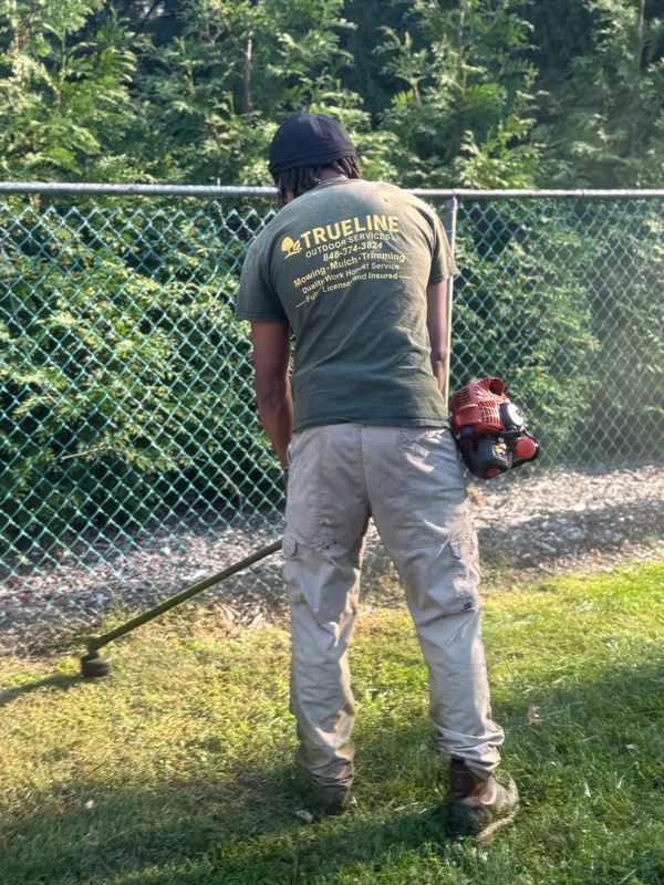 TrueLine crew member trimming grass along a chain-link fence