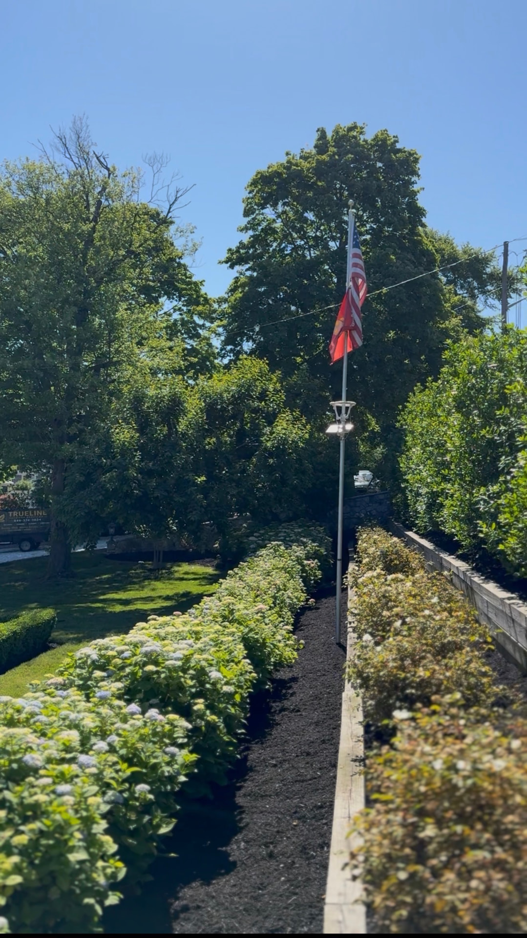 Freshly mulched beds lined with hydrangeas and shrubs